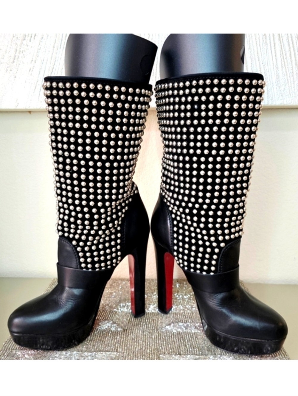 Christian Louboutin Black Leather Silver Studded Platform Platform Boots EU 38.5 - Picture 3 of 15
